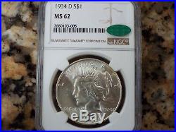 $210 VALUE! 1934-D Peace CAC Silver Dollar, NGC MS-62
