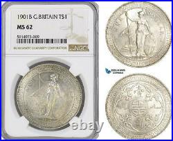 AG052, Great Britain, Trade Dollar 1901-B, Bombay, Silver, NGC MS62