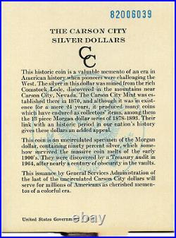 CARSON CITY GSA 1882 Morgan Silver Dollar Certified NGC MS63 CoA and Box