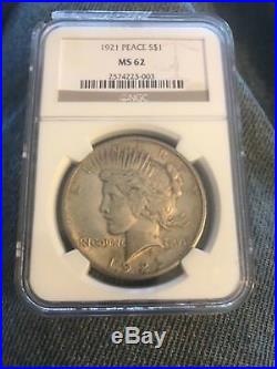 Certified 1921 peace dollar, NGC Ms62