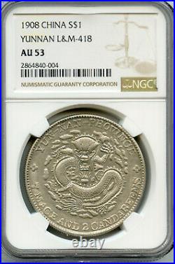 China 1908 Yunnan Silver Dragon Dollar, LM-418 NGC graded AU53, RARE TYPE