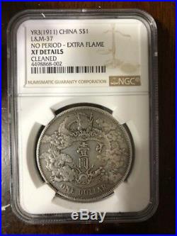 China (1911) Empire Silver $1 Dollar Extra Flame L&M-37 NGC-X. F Details Cleaned
