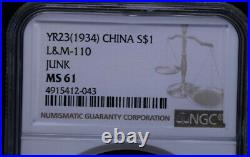 China republic empire 1934 Year 23 Dollar Yuan Sun Yat Sen Junk Boat NGC MS61