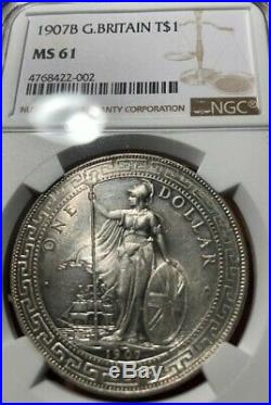 Great Britain 1907 b Silver Trade Dollar, Hong Kong China, NGC graded MS61