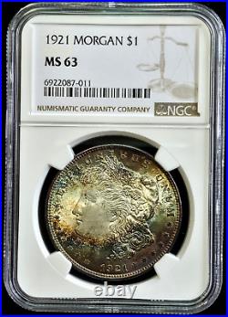 MONSTER NATURAL TONING 1921-P $1 Morgan Silver Dollar- NGC MS-63 LUSTER