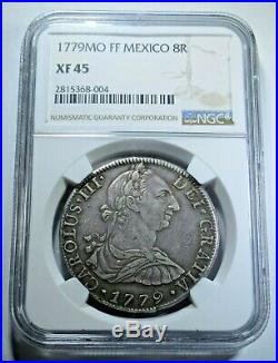 NGC XF-45 1779 Spanish Mexico Silver 8 Reales Authentic Old Colonial Dollar Coin