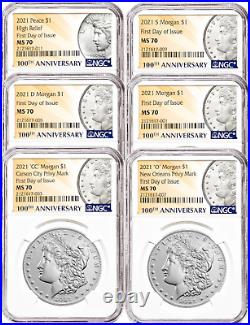 Preasle 2021 Morgan and Peace Dollar NGC MS70 First Day of Issue 6pc Set