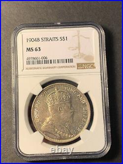 Straits Settlements Edward VII silver 1 dollar 1904B toned uncirculated NGC MS63