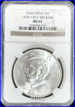 Year 23 (1934) Silver China Junk Dollar Yuan Coin Ngc Mint State 62